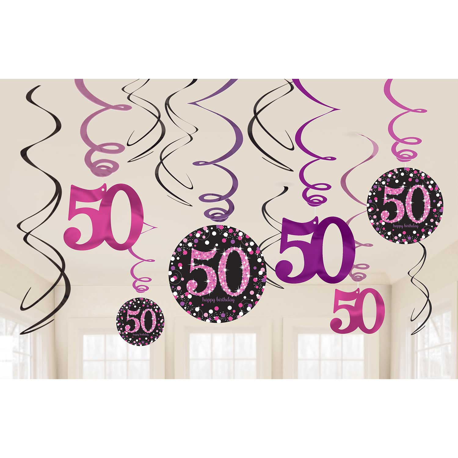 Amscan Pink Sparkling Celebration 50th Hanging Swirl Decorations RRP 5.54 CLEARANCE XL 2.99